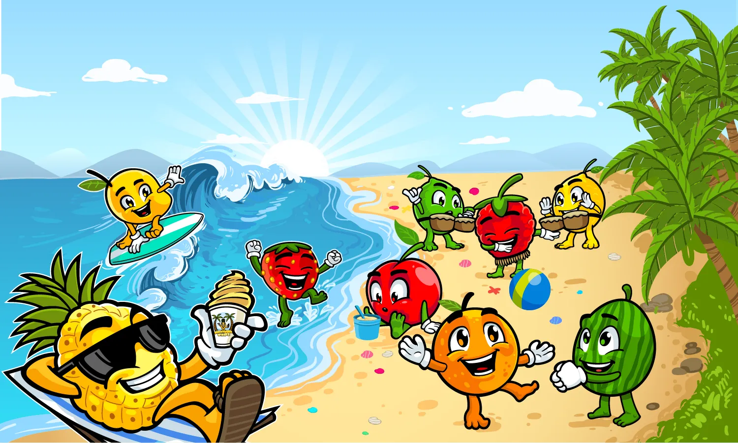 Beach illustration with the Pineapple Whips mascot and a cast of fruit characters