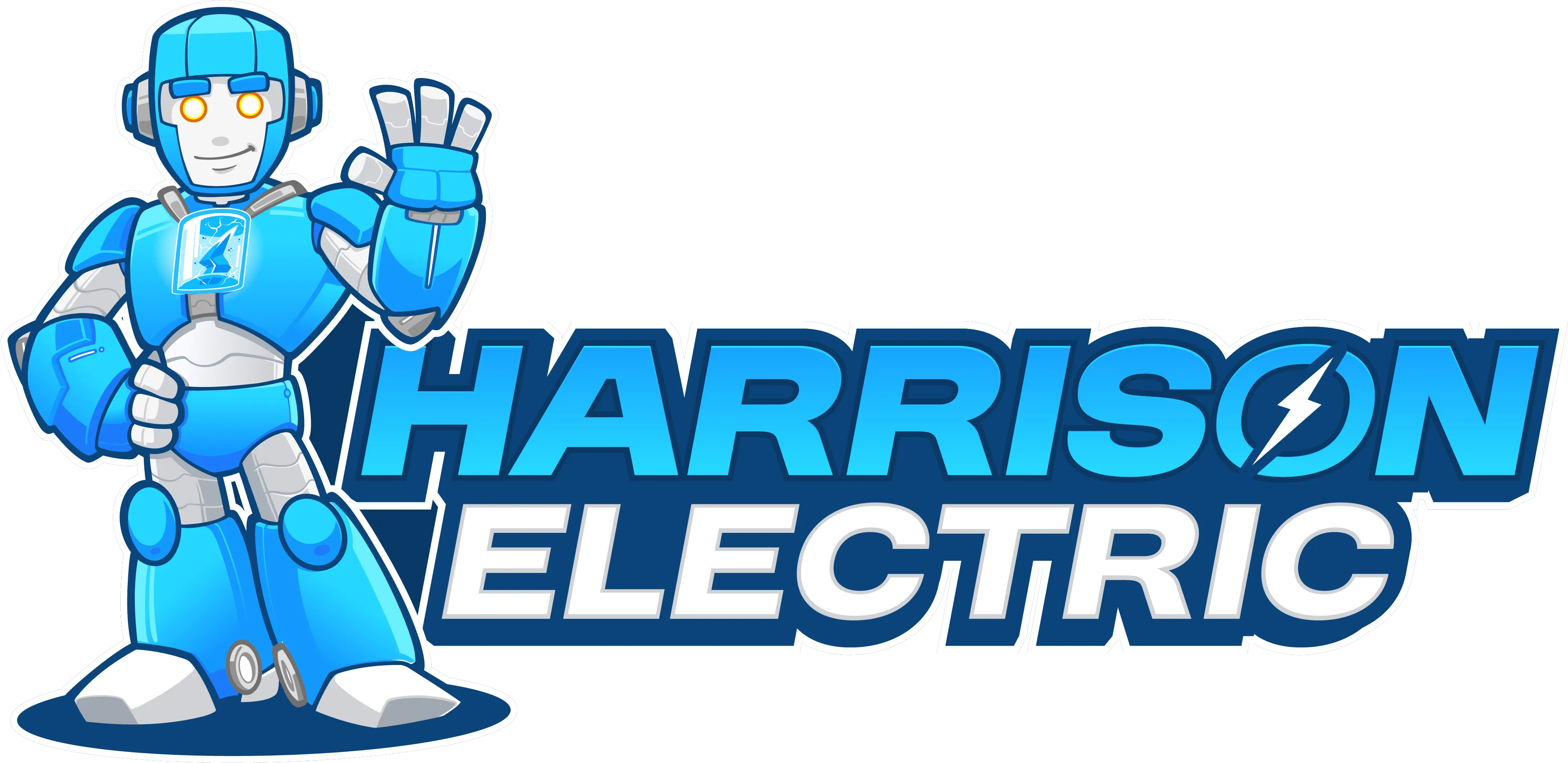 Horizontal Harrison Electric lockup with the robot beside the wordmark
