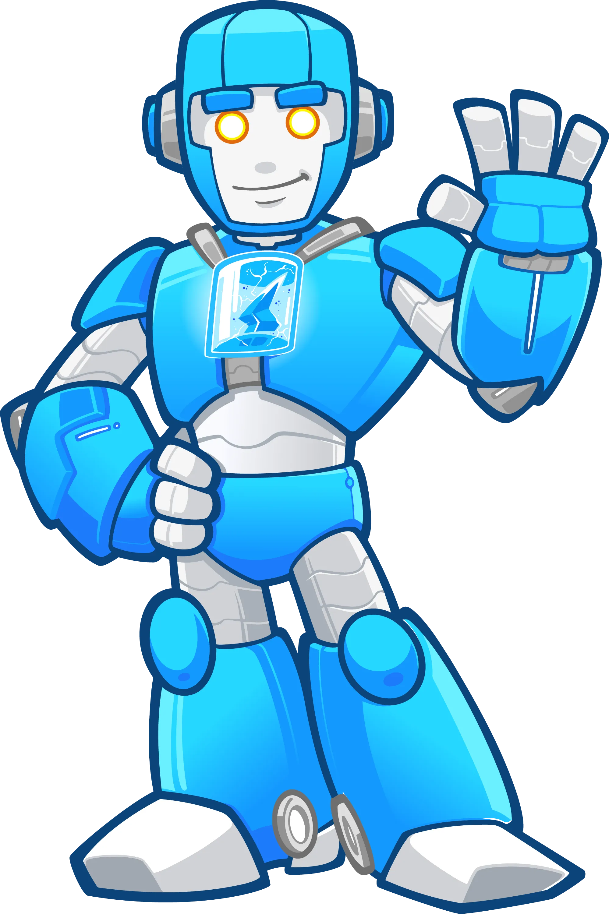 Harrison Electric robot mascot, full body, waving