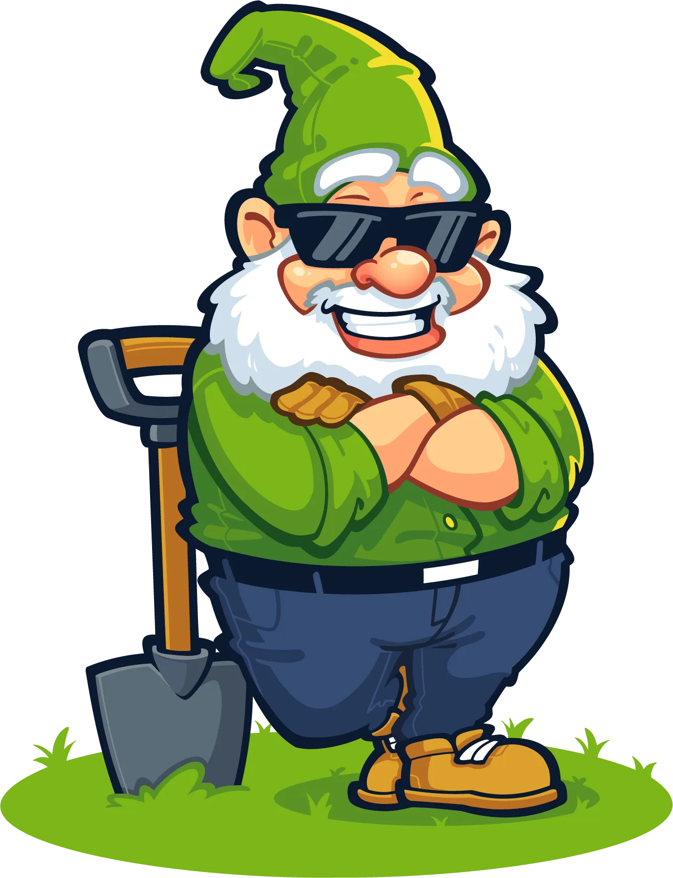 SJH Landscape's garden gnome mascot with sunglasses and a shovel