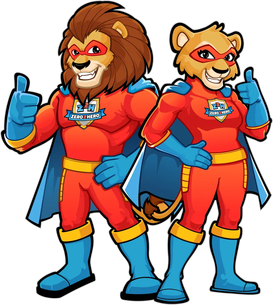 Zero2Hero lion and lioness mascots in their superhero costumes